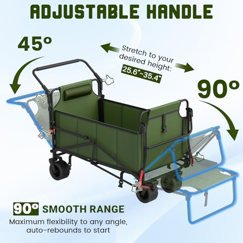 LEVELEVE Heavy Duty Folding Wagon - 2-in-1 Collapsible Cart, All-Terrain Wheels w/Brakes & Side Pockets (Army Green,650lb Capacity) - color: Army Green, size: Large