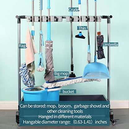 broom and mop holder put wet mops movable Commercial mop rack cleaning tool cart storage for garden garage organizer mop drain rack - size: 16slots