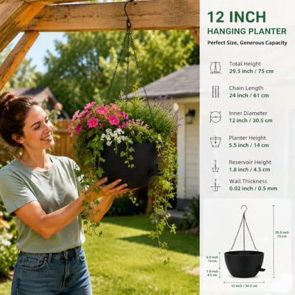12" Self Watering Hanging Planters with Chains, Black, 2 Pack - color: Black, size: 2 pack 12 inches