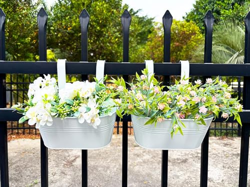 2 Pack 10" Metal Hanging Fence Planter Outdoor with Detachable Hooks, White - color: White