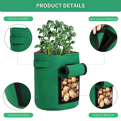 5-Pack 10 Gallon Grow Bags with Harvest Window - Thickened Fabric Plant Pots for Vegetables, Potato, Tomatoes & Carrots | Indoor/Outdoor Gardening Containers with Reinforced Handles Green - size: 10GAL-GRN