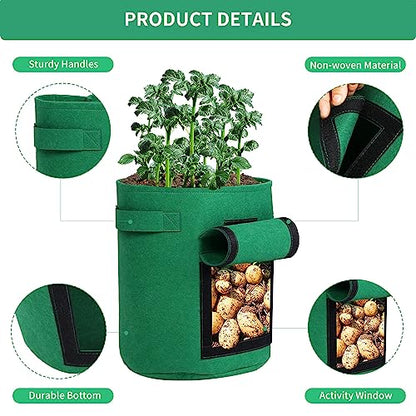 5-Pack 10 Gallon Grow Bags with Harvest Window - Thickened Fabric Plant Pots for Vegetables, Potato, Tomatoes & Carrots | Indoor/Outdoor Gardening Containers with Reinforced Handles Green - size: 10GAL-GRN