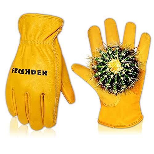 Leather Work Gloves, Puncture Proof Garden Gloves for Women, Heavy Duty Safety Working Gloves for Men - color: Yellow, size: Medium
