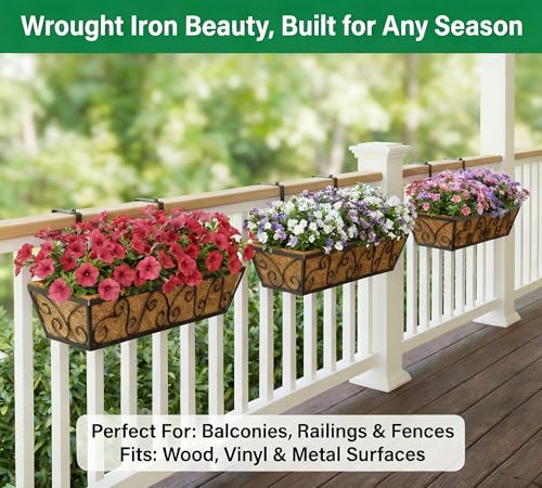 Y&M 30x7 Inch Black Outdoor Rectangular Window Box Planter - Rust Resistant Steel, Plastic Coated - Perfect for Railings, Walls, or Window Sills - Includes Coco Coir Liner - size: Butterfly 30in 2p