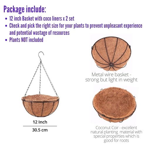 LaLaGreen Outdoor Hanging Baskets (12 in, 2 Pack) Black Coco Liner Planters - size: 12" x 2 Pack