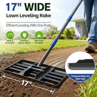 Lawn Leveling Rake,Long Handle Rakes for Lawns Heavy Duty Lawn Leveler Tool for Soil Compost Sand Landscape Rake for Yard Garden Golf Course 17"x10"