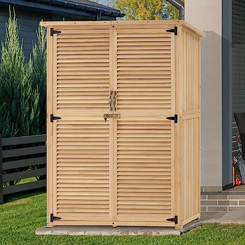MCombo Outdoor Wooden Storage Cabinet, Garden Tool Shed with Latch, Outside Tools Wood Cabinet with Double Doors for Patio - color: Natural, size: Small