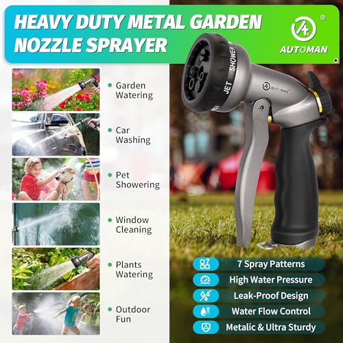 AUTOMAN Garden Hose Nozzle - 7 Patterns Sprayer, 100% Metal High Pressure Spray Nozzle, Labor-Saving Design, Heavy Duty Water Hose Nozzle for Garden Watering, Car Washing, Window Cleaning,Pets Bathing - color: Metalic Silver