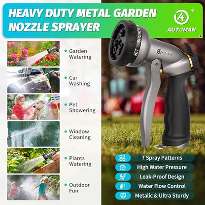AUTOMAN Garden Hose Nozzle - 7 Patterns Sprayer, 100% Metal High Pressure Spray Nozzle, Labor-Saving Design, Heavy Duty Water Hose Nozzle for Garden Watering, Car Washing, Window Cleaning,Pets Bathing - color: Metalic Silver