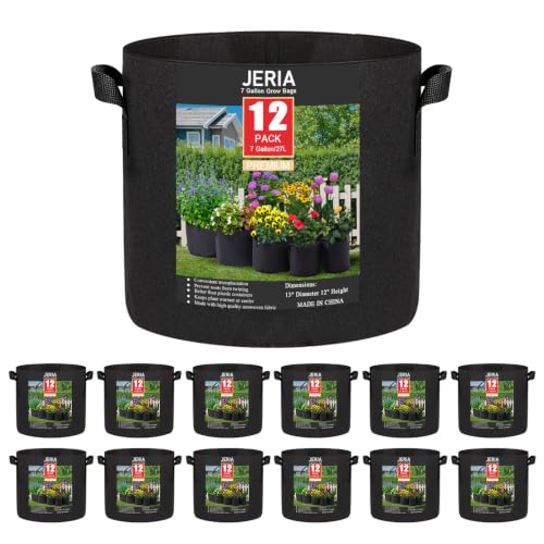JERIA 12-Pack 7 Gallon Grow Bags, 300G Thickened Nonwoven Garden Pots,Heavy Duty Fabric Pots with Reinforced Handles - size: 7 Gallons