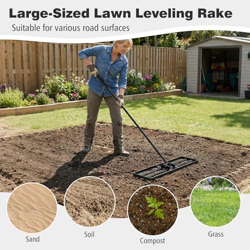 36" x 10" Lawn Leveling Rake, Heavy Duty Landscape Rake with 69" Handle, Non-Slip Grip & Flat Head, Space-Saving Lawn Level Tool for Garden, Backyard, Golf Course & Sports Field (Black) - color: Black