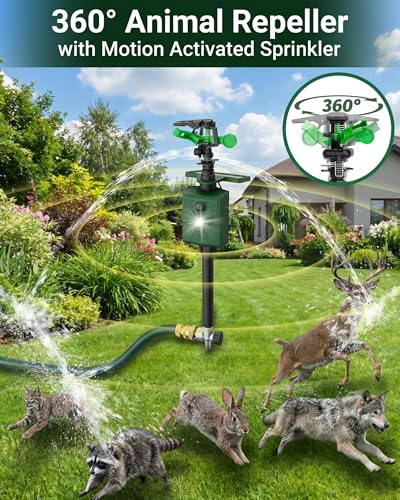 Motion-Activated Sprinkler, Solar Animal Repellent Outdoor - 2 Packs Deer Cat Deterrent with Motion Sensor & Flashing Lights, Protects Yard & Garden from Deer, Cats, Raccoons