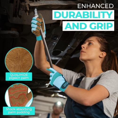 HANDLANDY Work Gloves for Women, Breathable Leather Gardening Glove for Yard Maintenance, Hand Protection with Touch Screen - color: Coffee-blue, size: Medium (Pack of 1)