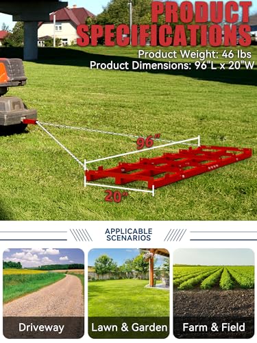 8ft Heavy Duty Drag Harrow for ATV, UTV, Tractor - Adjustable Tow Behind Leveling Rake with Weight Tray for Driveway Grader, Lawn, Field, Pasture, Food Plot Maintenance, Red(96 inch) - size: 8 ft
