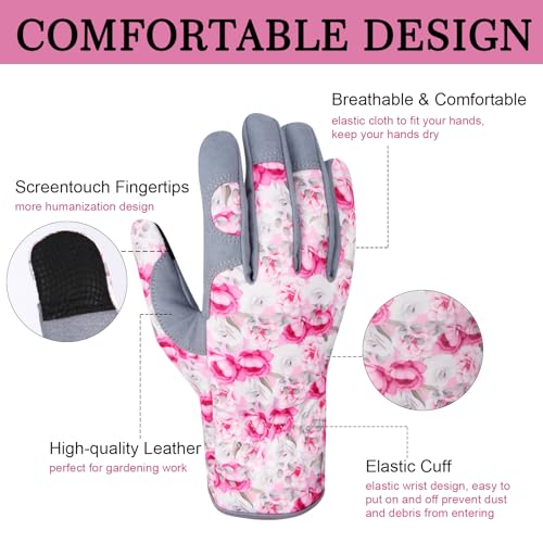 Leather Gardening Gloves for Women Thorn Proof Garden Gloves Touch Screen Working Gloves Gifts - color: Colorc, size: Large