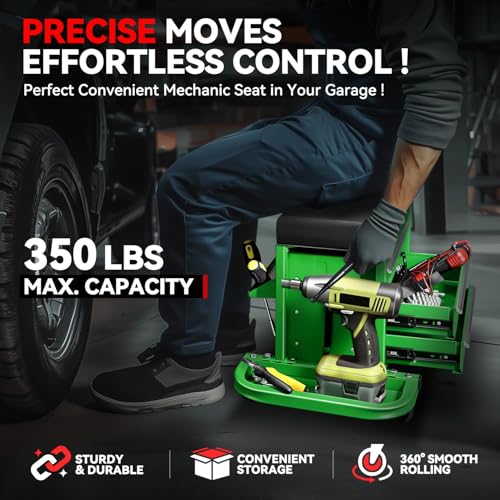 Auto Dynasty Mechanic Rolling Seat, 3-Drawer w/Tool Tray, 350LBS, Green - color: Green