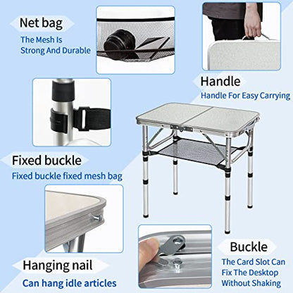 Small Folding Table with Storage Net, 24" x 16" Portable Foldable Camping Table with 3 Adjustable Height, White Metal Table for Beach, Patio, BBQ
