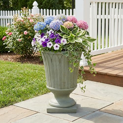 Christopher Knight Home 22.44 Inch Classical Embossed Leaf Pedestal Urn Planter MGO Outdoor Flower Pot Large Faux Stone Garden Planter for Patio Porch Entryway Decor, Antique Grey - color: Antique Grey, Leaf