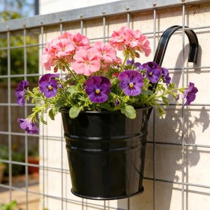 KINGLAKE Flower Pots,10 Pcs Metal Iron Hanging Flower Plant Pot Balcony Garden Plant Planter Baskets Fence Bucket Pots 6.3'' Flower Holders with Detachable Hook Black - color: Black, size: 6.3 Inch