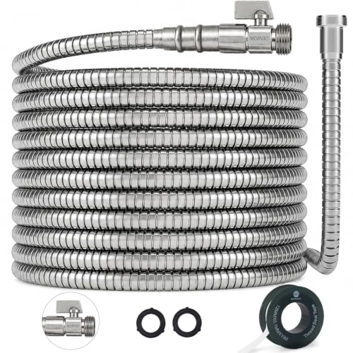 Morvat 100ft Stainless Steel Garden Hose Metal with Brass ON/OFF Valve, Heavy Duty for Nozzle, Water, Yard & Outdoor, Lightweight No-Kink, Crush & Puncture Resistant, Roll of Teflon Tape & 3 Washers - size: 100FT