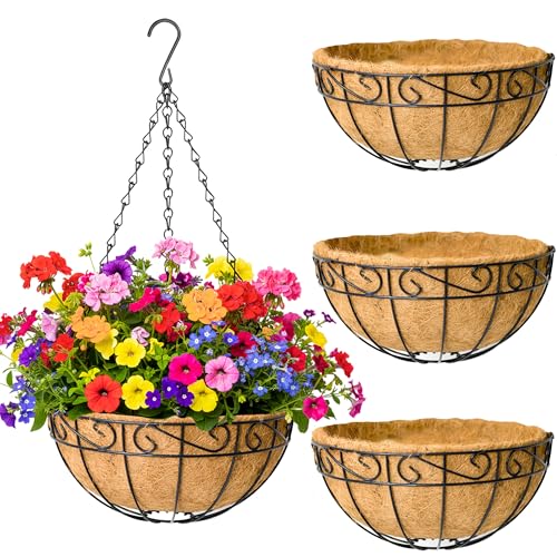 4 Pack Hanging Planters 12 Inch Metal Hanging Planter Basket Flower Pots with Coco Coir Liners Round Wire Plant Holder with Chain for Indoor Outdoor Patio Porch Garden Decoration（HB） - size: 12 Inch, style: Contemporary
