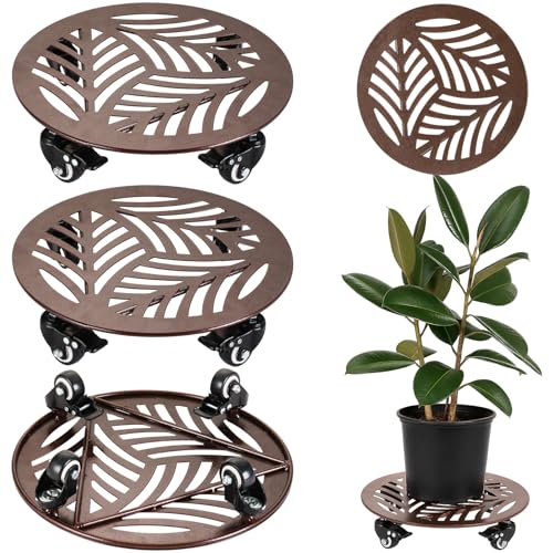 3-Pack Large Metal Plant Caddy with Wheels 13.6 Inches Heavy-duty Rolling Plant Stands with Casters Wheeled Flower Pot Mover Rollers Rust-proof Iron Planter Dolly Coasters for Indoor Outdoor Use - color: Textured Brown, size: 13.6"/ 3 packs