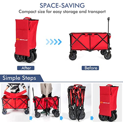 Goplus Collapsible Wagon, Folding Utility Wagon Cart w/Universal Wheels & Adjustable Handle & Cover Bag, Grocery Wagon for Garden Shopping Camping (Red) - color: Red