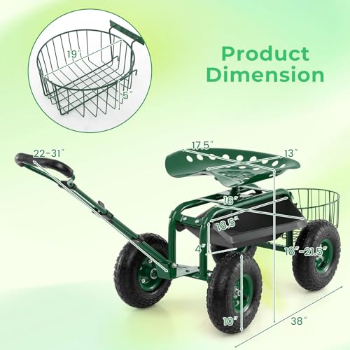 Garden Seat with Wheels, Rolling Stool with Extendable Handle, Storage Basket & Tool Tray, Garden Scooter with 360 Degree Swivel Seat for Outdoor & Yard (Green) - color: Green