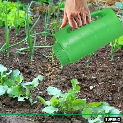 Superio Handheld Spreader for Lawn and Garden Seed, Fertilizer and Ice Melt Spreader 2 Liter, Adjustable Hole Size - color: Multi