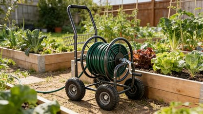 Heavy Duty Garden Hose Reel Cart on Wheels - Portable 4-Wheel Water Hose Holder with Storage Basket, Rust Resistant Outdoor Hose Reel for Easy Watering
