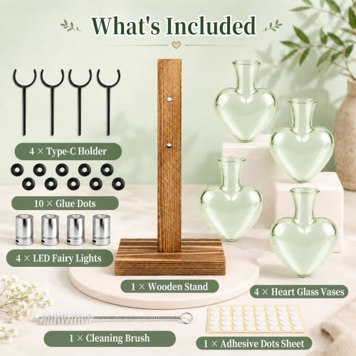 Plant Terrarium Propagation Station with 4 Heart Glass Vases - Green - color: Green