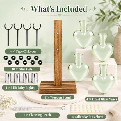 Plant Terrarium Propagation Station with 4 Heart Glass Vases - Green - color: Green