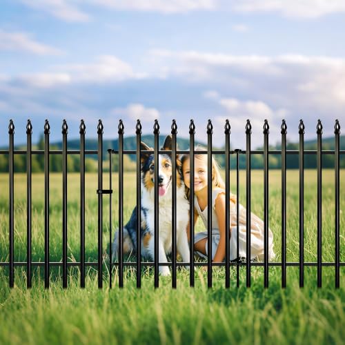 Thealyn 32" H x 24" W Metal Garden Fence with Gate, Animal Barrier, 10 Ft - color: Black, size: 32″ H x 10 ft (4 Panels + 1 Gate)