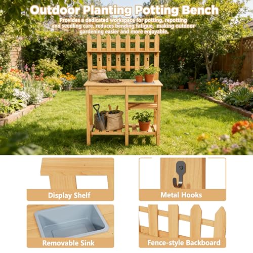 Outdoor Potting Bench, Wooden Potting Table with Built-in Sink