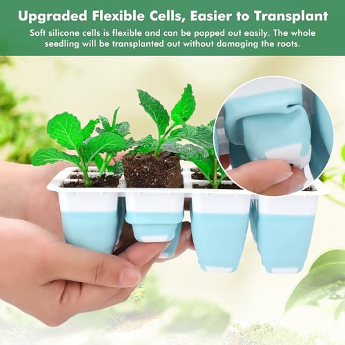 Hanaoyo Reusable Seed Starter Tray with 72 Soft Silicone Cells, 6 Pack Seed Starter Kit with Repotting Mat, Humidity Dome and High Lid, Germination Trays for Indoor Greenhouse Seed Starter - color: Blue-6 Pack