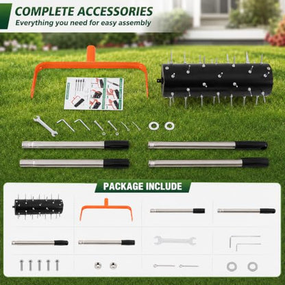 15" Rolling Lawn Aerator Grass Aerator 42 Steel Spikes Manual Aerator Tool