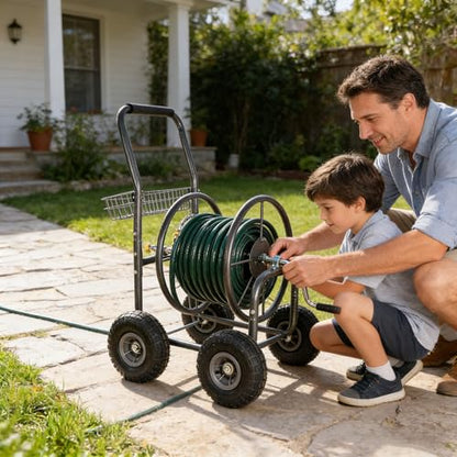 Heavy Duty Garden Hose Reel Cart on Wheels - Portable 4-Wheel Water Hose Holder with Storage Basket, Rust Resistant Outdoor Hose Reel for Easy Watering