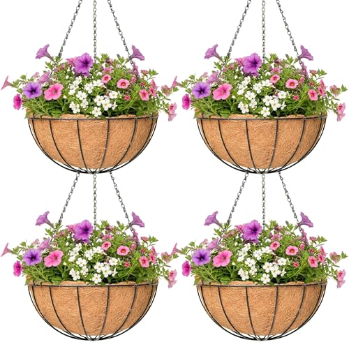 4 Pack Hanging Planter for Outdoor Plants 12 inch Metal Hanging Flower Basket with Coco Coir Liner Round Wire Plant Holder Chain Flower Pots Outdoor Garden Decoration Watering Hanging Baskets(XG) - size: 12" x 4 Pack, style: Watermelon