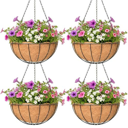 4 Pack Hanging Planter for Outdoor Plants 14 inch Metal Hanging Flower Basket with Coco Coir Liner Round Wire Plant Holder Chain Flower Pots Outdoor Garden Decoration Watering Hanging Baskets(XG) - size: 14" x 4 Pack, style: Watermelon