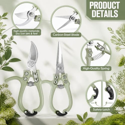 4 Pack Garden Pruning Shears Set, Lightweight Gardening Scissors with Safety Lock, Rust Resistant Bypass and Straight Blade Garden Clippers for Plants, Flowers, Fruit Trees, Green