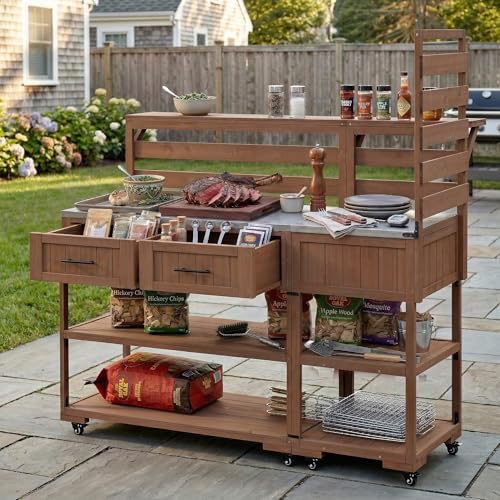 Roomfitters Garden Potting Bench with Wheels, Extra Wide Outdoor Potting Table and BBQ Prep Station, Storage Shelves, Brown - color: Brown