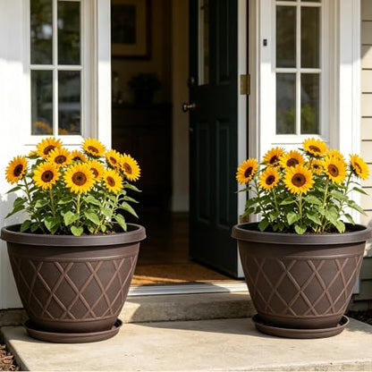 4 Pack 12 Inch Pots for Plants, Plastic Flower Pots with Faux-fence Texture - color: Plaid Pattern-brown, size: 12 Inch - 4Pack