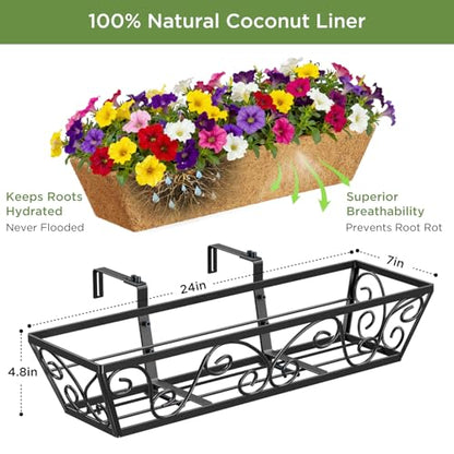 HFHOME 24 Inch Railing Planter Box with Coco Liners for Porch, Fence, Patio, Balcony Hanging Flower Railing Baskets with Adjustable Brackets, Outdoor Garden - 4 Packs - size: 24"-4P Butterfly