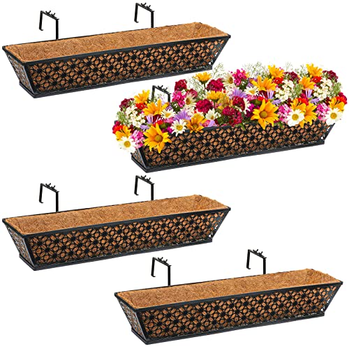Geetery 4 Pcs 30 Inch Deck Railing Planter Boxes with Adjustable Brackets Coco Liner, Window Hanging Flower Baskets Trough Black Metal for Summer Porch Fence Patio Balcony Garden Outdoor Indoor