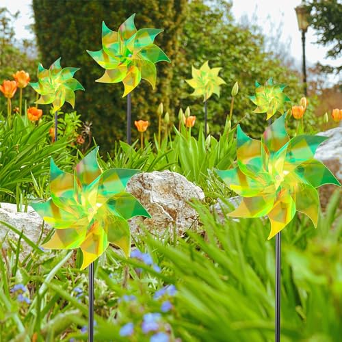 Hausse 10 Pack Reflective Pinwheels Wind Spinner, Extra Sparkly Pinwheel with Stakes, Bird Repellent Blinder Devices Deterrent to Scare Birds Away from Yard Patio Farm Garden, Transparent Yellow - color: Transparent Yellow
