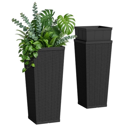 Flamaker 30“ Tall Plastic Planters with Drainage Holes Front Porch Set of 2 - color: Black, size: 30" H