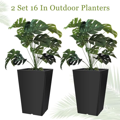 Briwooody Set of 2 15.75 Inch Large Taper Planters Outdoor Indoor Tall Resin Flower Pots with Drainage Holes Modern for Front Door Patio Backyard Plants(Black) - color: Black