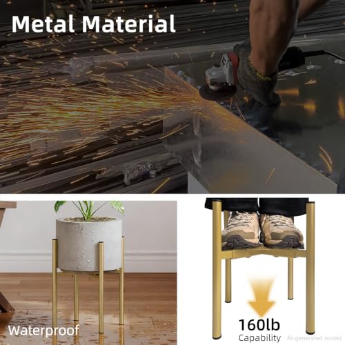 Adjustable Plant Stand Indoor, 2 Heights,Golden with Round Plate - color: golden-b