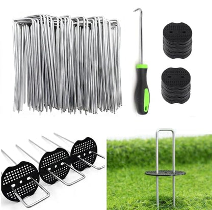 6 Inch 100 PCS Galvanized Landscape Staples with 100 PCS Gasket, Landscape Fabric Pins Stakes Lawn Ground Cover Graden Staples Spikes Weed Barrier Stakes - size: 6" 100 Pack