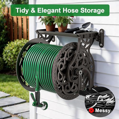 Garden Hose Reel Wall Mount Metal, Holds 125 ft x 5/8" Decorative Water Hose Holder for Outside Storage, Heavy Duty Aluminum Frame w/Shelf, No-Leak Aluminum Water System, Easy Assmbly, Dark Bronze